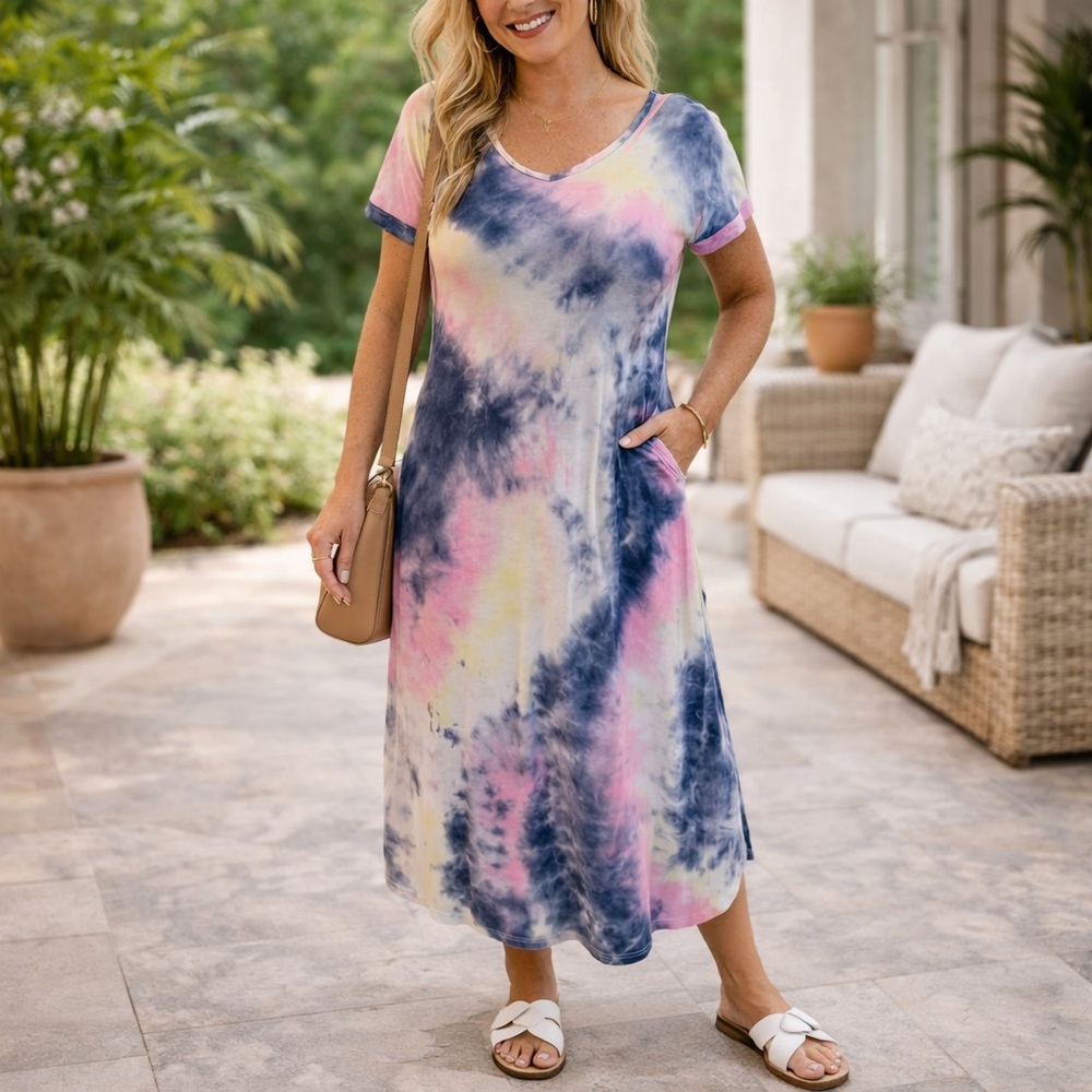 ZILCREMO Maxi Dress Tie Dye Short Sleeve Side Slit Pockets Cream Pink Blue Large